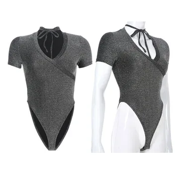 

New Fashion Sexy Women's Basic V-Neck Party Leotard Short Sleeve Tops Bodysuit Lingerie Slim Stretch Jumpsuit T-shirt Romper