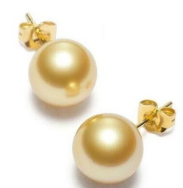 

hj 00763 HUGE NATURAL SOUTH SEA GENUINE PERFECT ROUND GOLD PEARL STUD EARRING