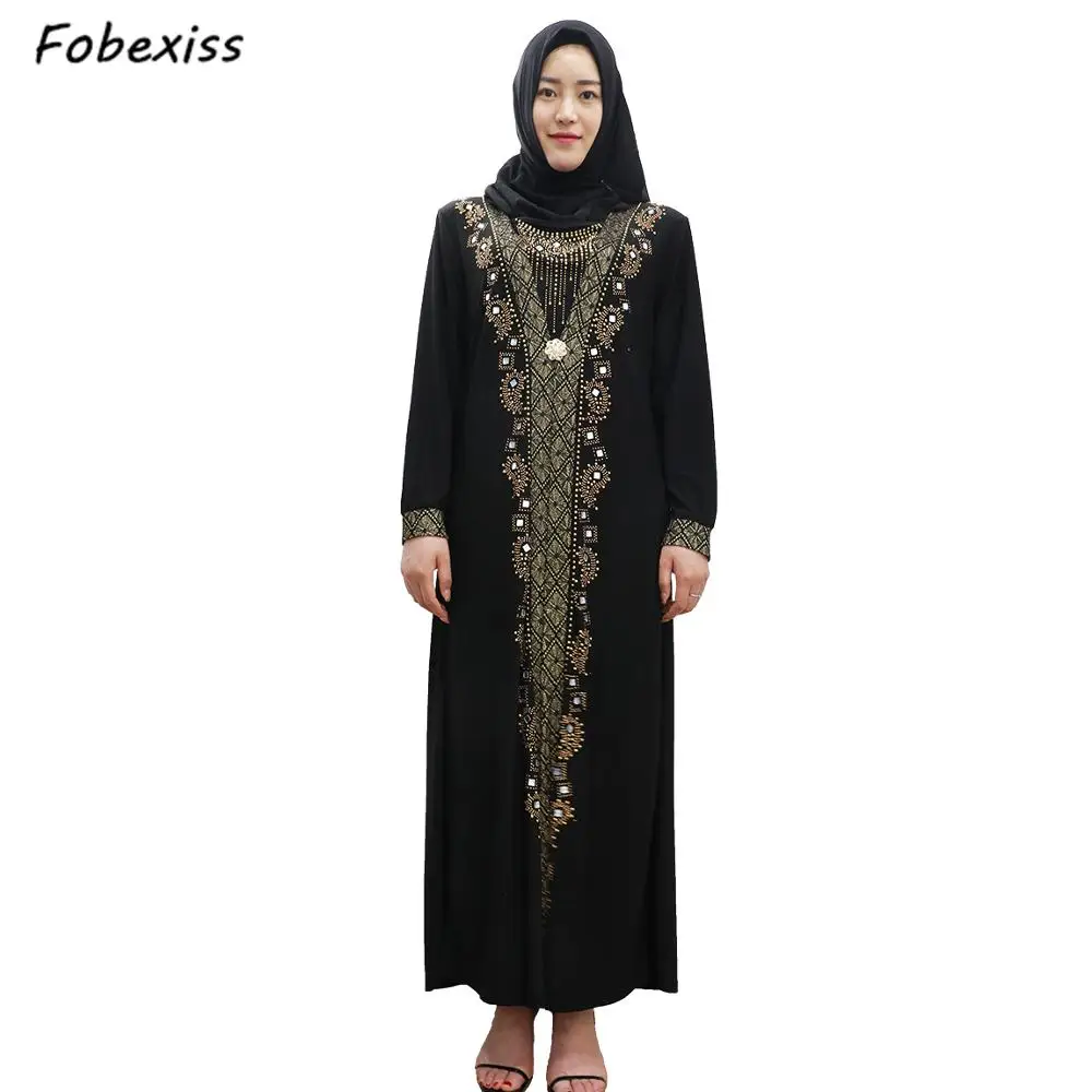 2019 мусульманский черный абаи платье хиджаб исламская костюмы для женщин золото Вышивка горный хрусталь Дубай Кафтан халат кимоно Jubah