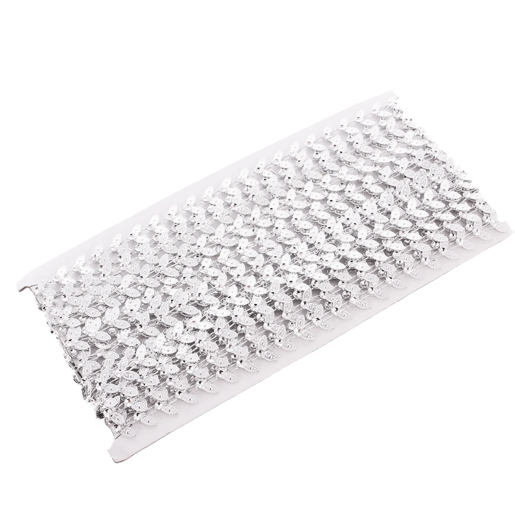 10 Yards Crystal Leaves Rhinestone Chain Ribbon Trim Sewing Applique Silver