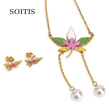 

SOITIS Stainless Steel Jewelry Women Fashion Maple Leaf Long Beaded Chain Multicolor Earrings Necklace Chain Pearl Jewelry