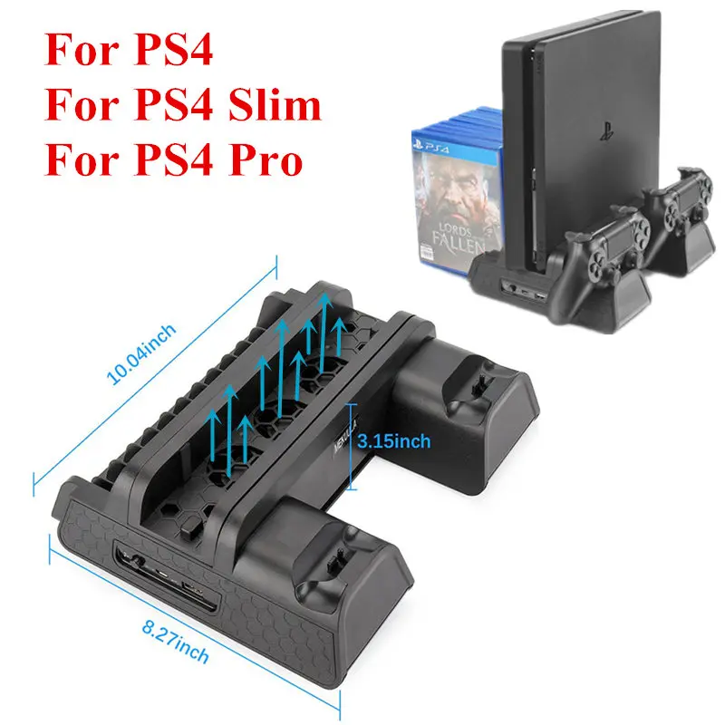 

Vertical Stand Cooling Fan Cooler with Dual Controller Charging Station 3 Extra HUB Port for Playstation 4 PS4/PS4 Slim/PS4 Pro