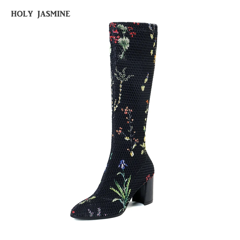 

2019 Spring/Autumn Female Over The Knee Zipper Boots Flower Prints High Heels Ladies Party Shoes Womens Stretch Thigh High Boots
