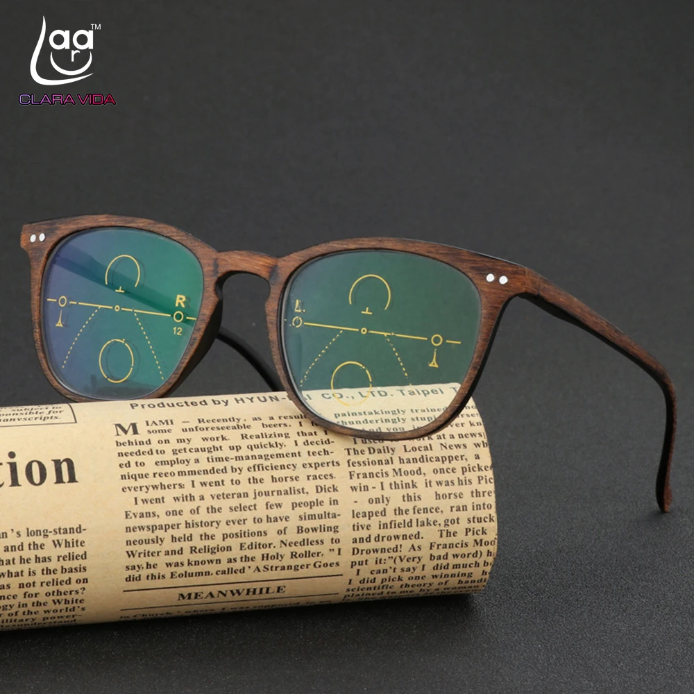

CLARA VIDA = Retro Faux wood grain frame Intelligence Progressive Multifocal Commercial Reading Glasses Bifocal +1 +1.25 TO +3