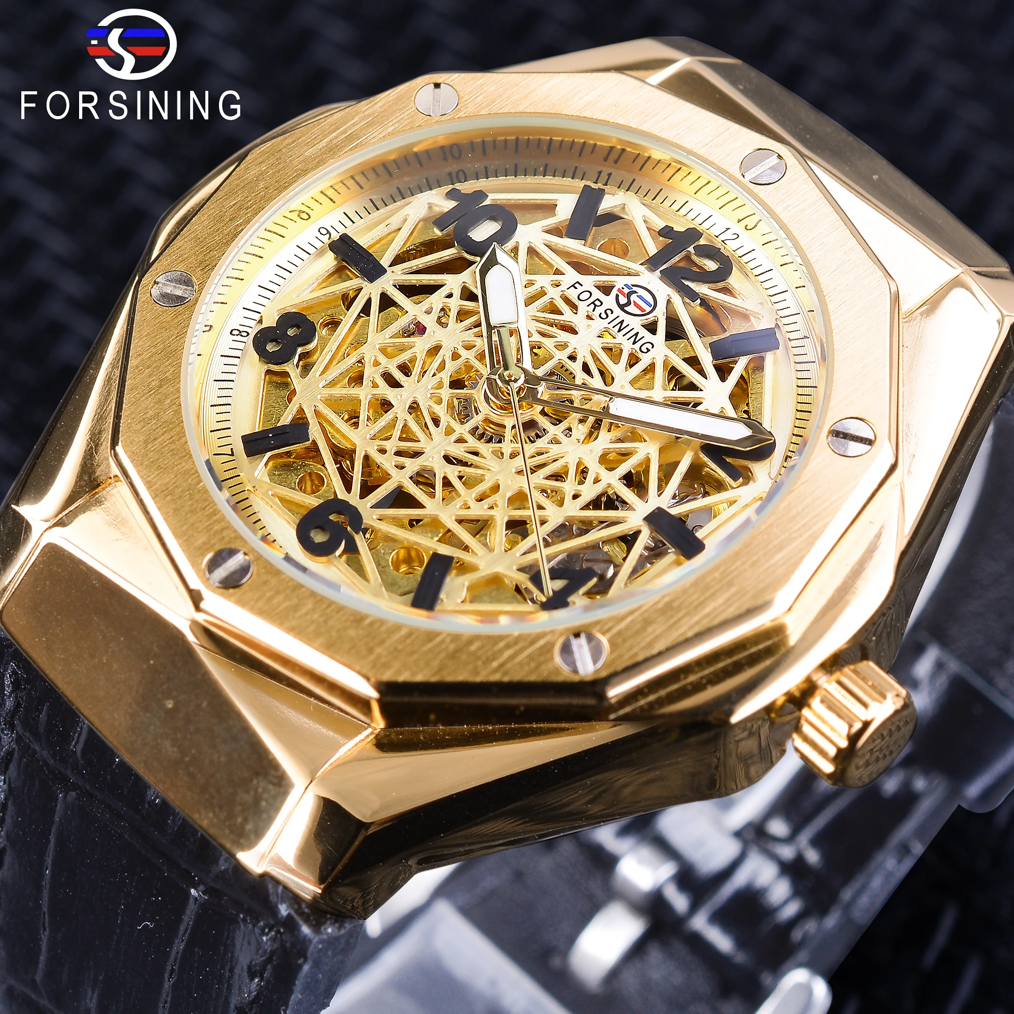 

Forsining 2018 Golden Irregular Shape Skeleton 3D Spider Web Dial Men Automatic Watches Luminous Hands Black Genuine Leather