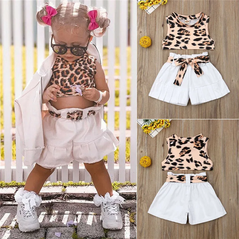 

PUDCOCO Toddler Baby Girl Sets Leopard Sleeveless Crop Tops Kids Beach Shorts 2Pcs fashion party Outfit Clothes Sets 1-3T
