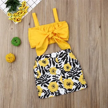 

6M-4Y Fashion Kids Baby Girl Clothes Sets Sling Bow Vest Crop Tops Flowers Button Pencil Skirts 2Pcs Girl Party Outfits 6M-4Y