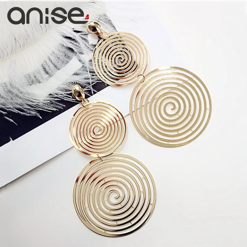 

Anise Exaggerated Big Round Drop Earrings for Woman Gold Silver Color Multilayer Metal Circle Long Dangle Earrings Punk Jewelry