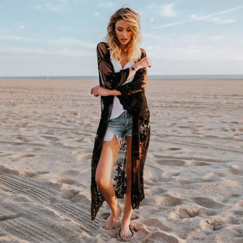 bathing suit wrap Women Beach Cover Up Beach Dress Chiffon Lace Kimono Cover Up Boho Casual Long Sleeve Cardigan Monokini Bathing Lace Dress bikini cover up dress Cover-Ups