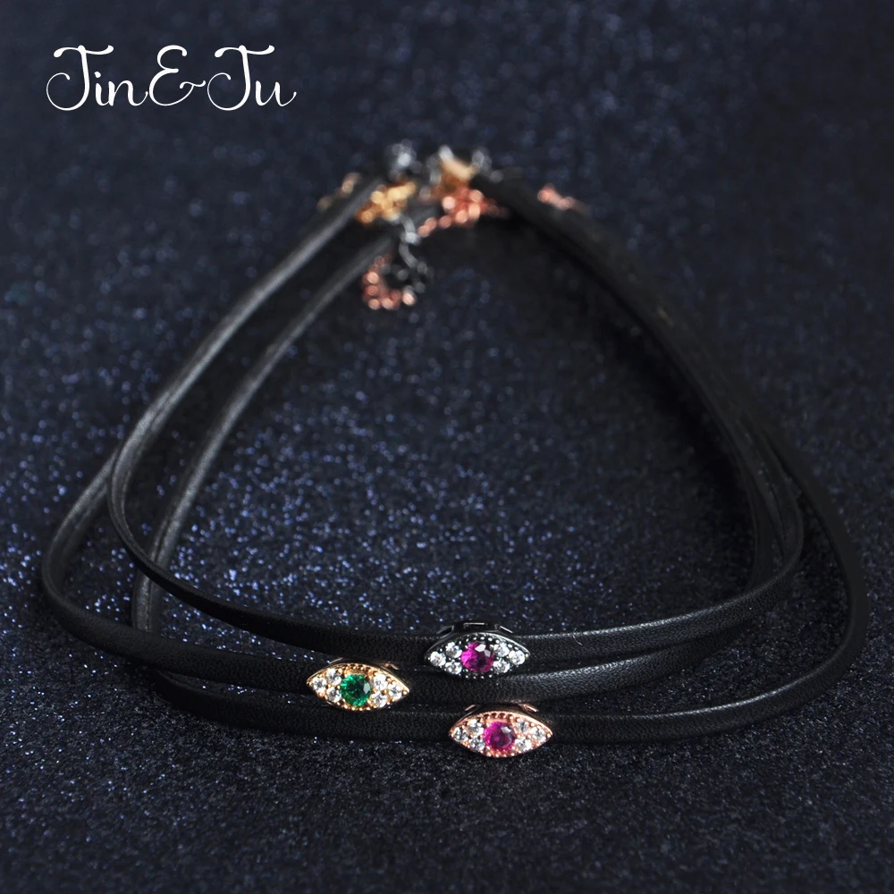 

Jin&Ju Jewelry 925 Sterling Silver Women 30CM+5CM Jewelry New Arrive Small Eye Three Colors Leather Chokers Necklaces