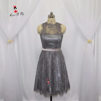 

Vestido Madrinha Curto Cheap Party Dresses 2017 Gray Lace Bridesmaid Dress Knee Length African Short Wedding Guest Feestjurken