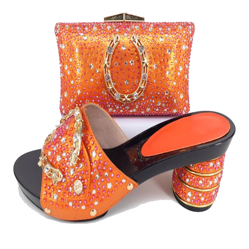 

Orange clutches bag with many stones for african aso ebi evening party shoes size 37 to 43 handmade shoes and bag set SB8158-7