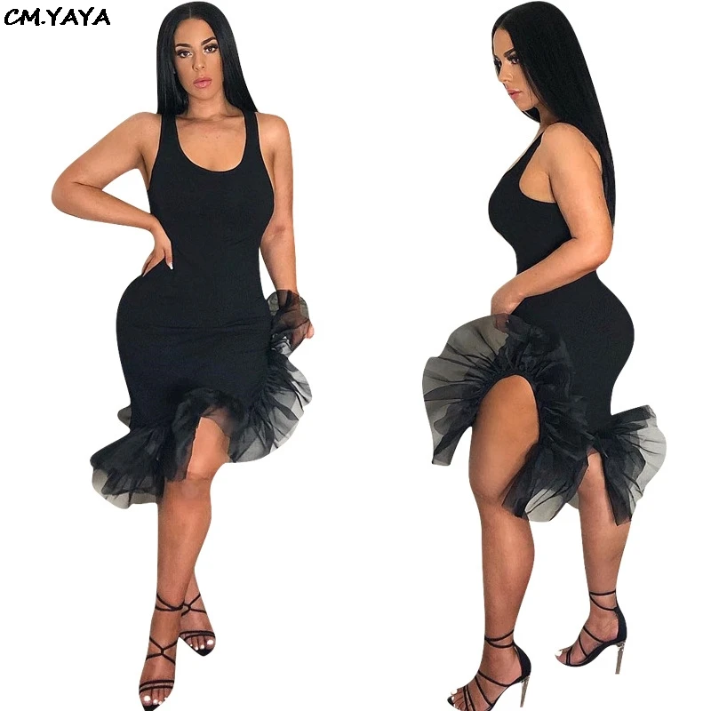 

2019 womene summer sleeveless bodycon knee length mesh ruffles patchwork midi tank dress beach holiday mermaid dresses D922