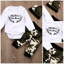 Милый Камуфляжный комплект из 3 предметов, Одежда для новорожденных мальчиков, комбинезон с длинными рукавами, топы, камуфляжные штаны, комплект одежды с шапкой