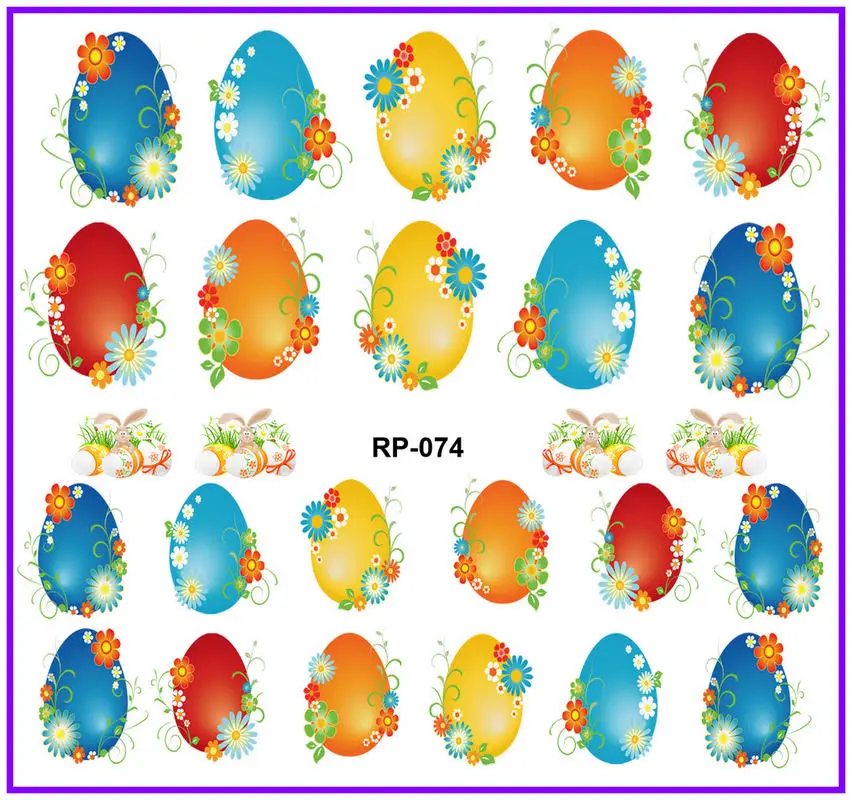 NAIL ART Красота водная наклейка слайдер наклейки для ногтей Пасхальный кролик заяц красочные витиеватое яйцо RP073-078 - Цвет: RP074