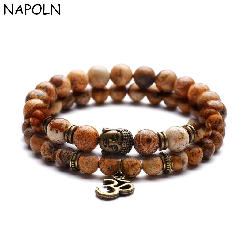 

NAPOLN 2pcs/set Natural Stone Buddha Charm Bracelet Retro Vintage Bracelets Woman Stone Bead Bracelet Men pulceras para mujer