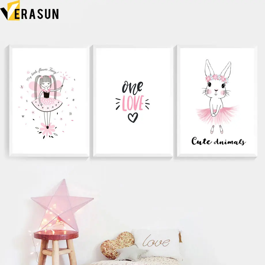 

Cartoon Pink Girl Rabbit LOVE Quote Nordic Posters And Prints Wall Art Canvas Painting Wall Pictures For Baby Girl Room Decor