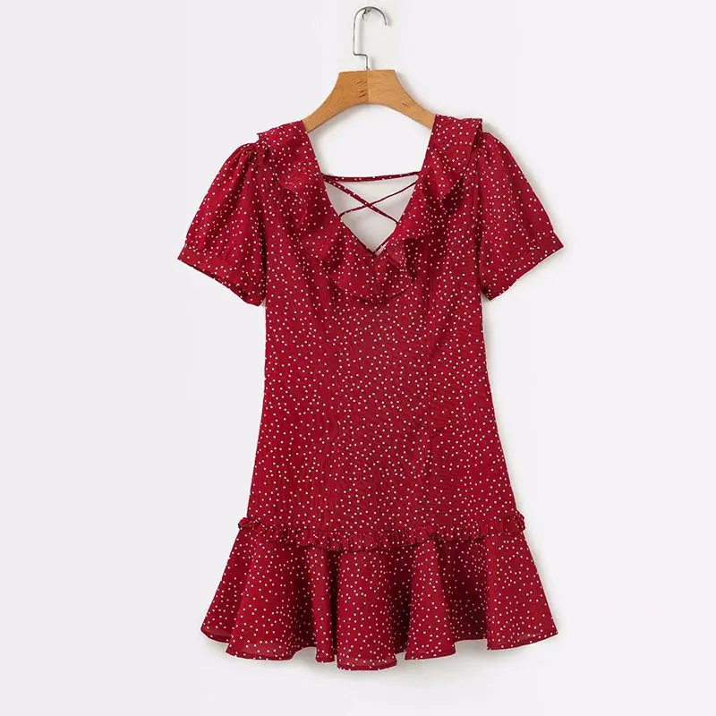 yinlinhe Red Polka Dot Summer Dress Short Sleeve Lace Up Sexy Women Dress Backless v neck Elegant Ruffles Vestidos 7