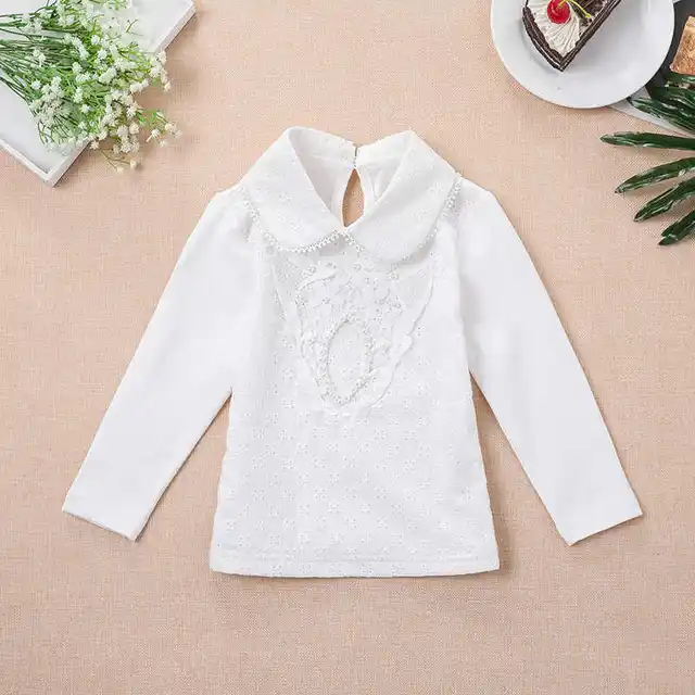 Toddler Girls White Tshirt Long Sleeve Kids Tops Cotton Solid Color T