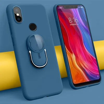 Жидкий силиконовый чехол для Xiaomi mi A3 9 SE A2 8 Lite 9T mi x 2 2S mi 8 cc9 cc9e k20 с кольцом-подставкой для Red mi note 8 7 pro - Цвет: Синий