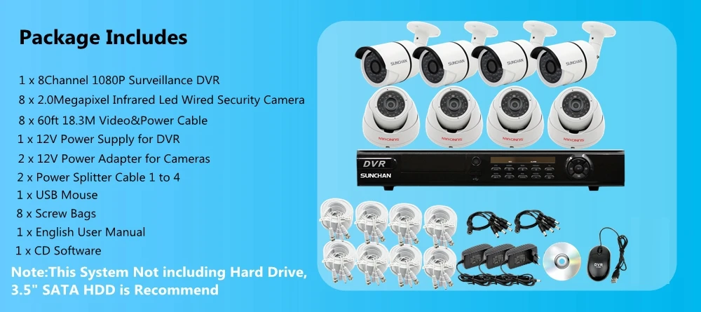8CH AHD DVR 1080P Indoor Outdoor Security Camera System Night