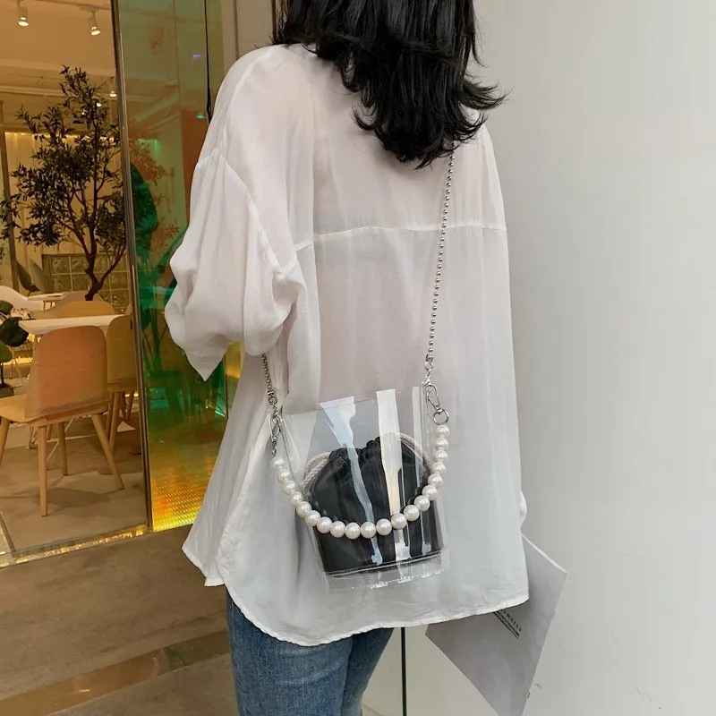 

Summer Transparent Composite Bags For Women 2019 New Quality PVC Purses Chain Tote Handbags Pearl Handle Shoulder Crossbody Bag