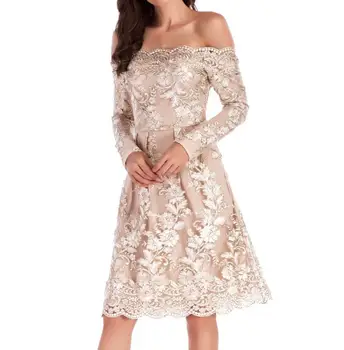 

New Model Boat Neck Long Sleeve Knee Length Off Shoulder Elegant Lace Dresses