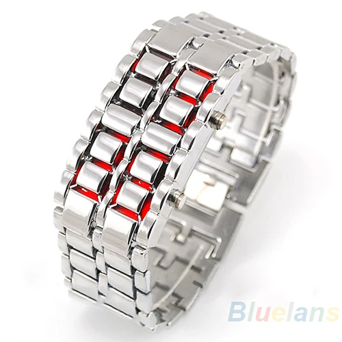 Новинка, часы-браслет из нержавеющей стали для мужчин и женщин, Lava Iron Samurai, металлический светодиодный, Безликие цифровые наручные часы, relogio masculino - Цвет: Red LED Silver Brace