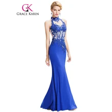 Mermaid Evening Dresses Grace Karin 2016 Backless Halter High-Split Beading Formal Elegant Long Blue Evening Dress GK000050