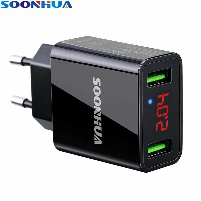 

SOONHUA Max 2.2A USB Charger Dual USB Wall Charger Adapter EU/US Mobile Phone Charger Digital Display for iPhone Samsung Tablet