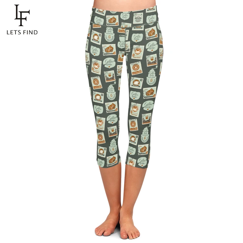 

LETSFIND Summer New Design Women Capri Leggings Stamps Printing Mid-Calf 3/4 Fitness Woman High Waist Casual Leggings