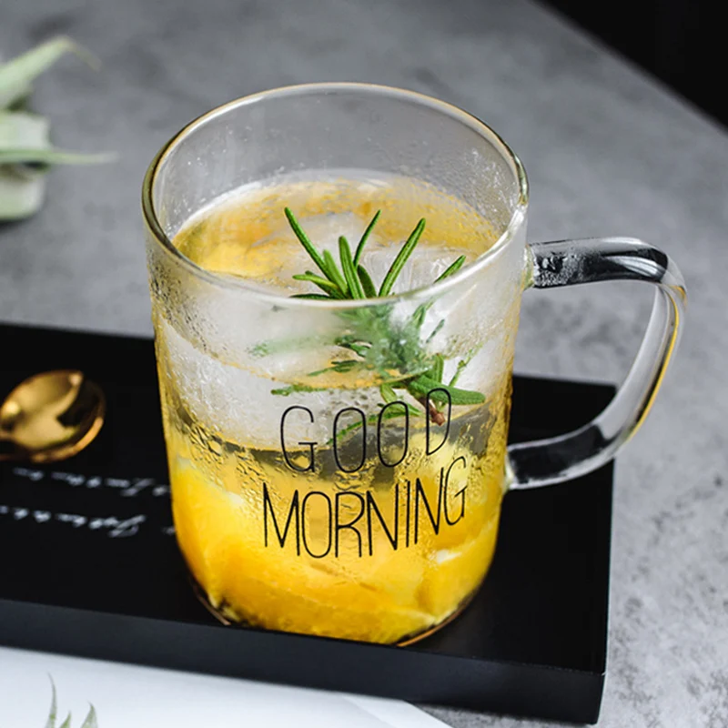 Glass Cup Tea Coffee Mug Black White Good Morning Breakfast Milk Juice Cup Transparent Glass Beer Mug 400ML (3)