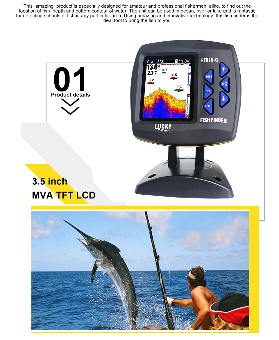 LUCKY Двухчастотный Boat Fishfinder Рыбоискатели Эхолот 328ft/100м Глубины Воды Эхолот сонара FF918-C100DS