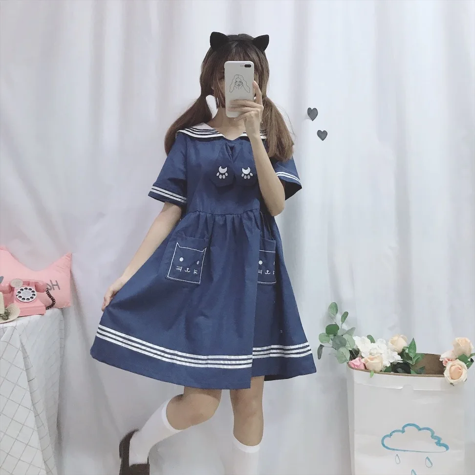 

Sweet Women's Lovely Baggy Summer Dress Cute Cat embroidery Dress, Loose Sailor Colar Dress Preppy Style Clothes