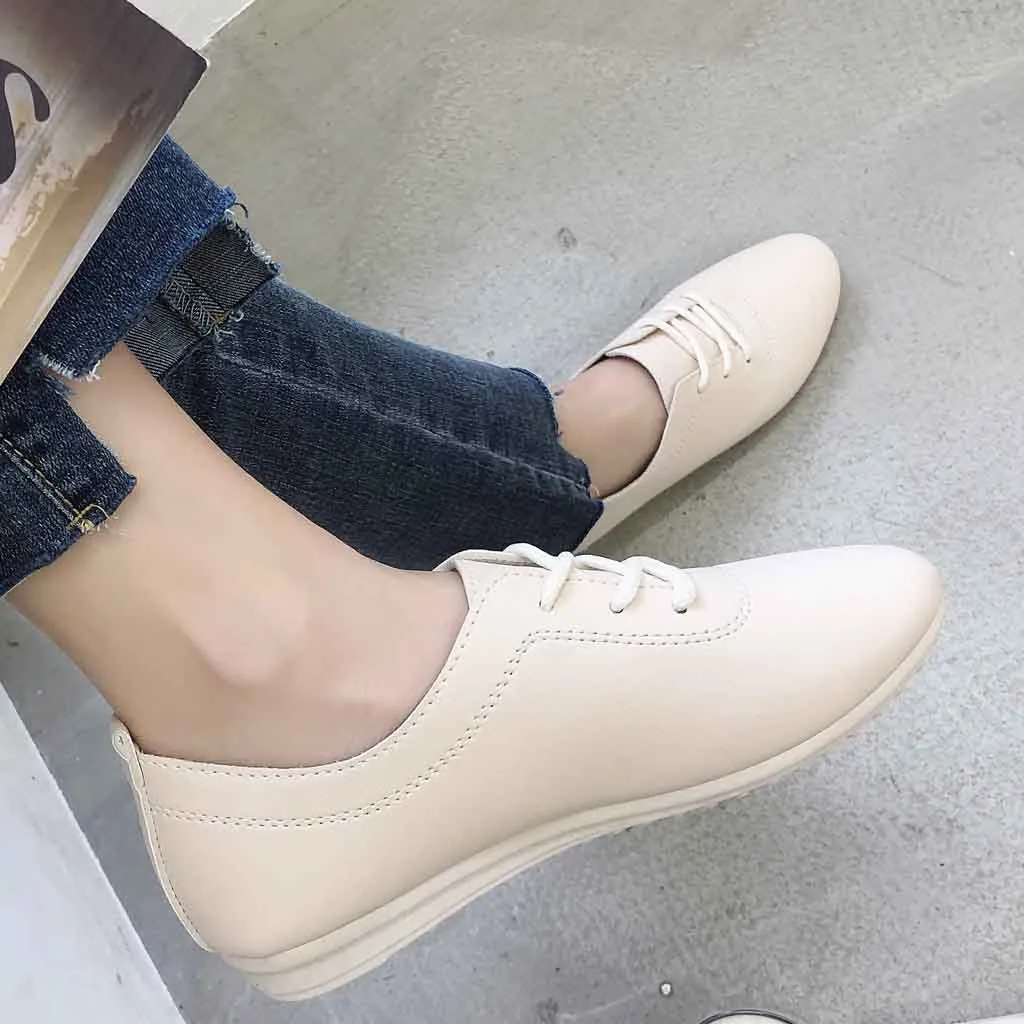 

leather Solid Color Flat Shoes for Women Summer autumn Casual Round Toe Single lace up Shoes female Wild beige Loafer Shoes