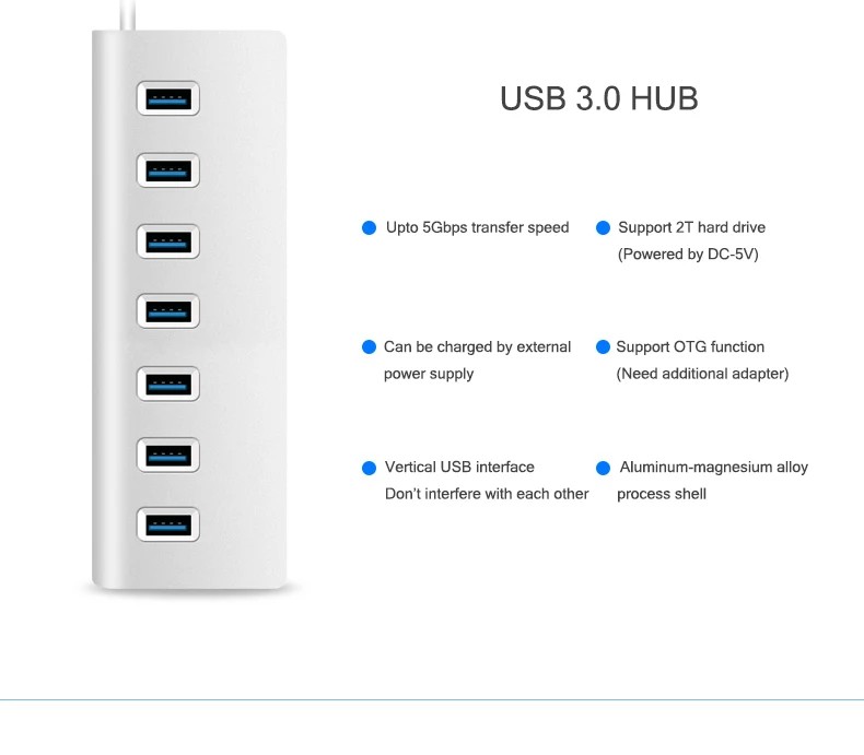 7-port USB 3.0 Hub 60cm Cable Portable Upto 5Gbps Super Speed Silver Anti-slip Chargeable Splitter For Multi USB Devices