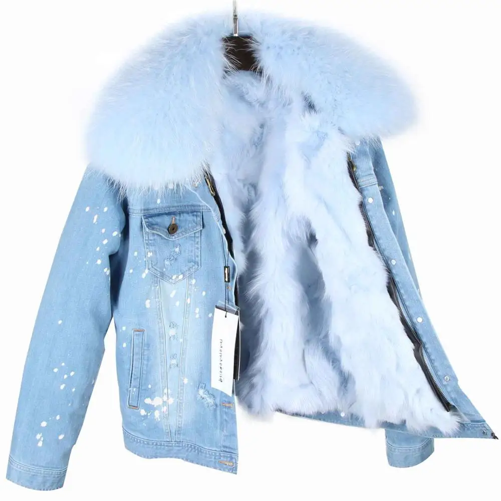 Новая парка зимнее женское пальто с большим воротником из меха енота подкладка из натурального Лисьего меха куртка наивысшего качества - Цвет: sky blue fur