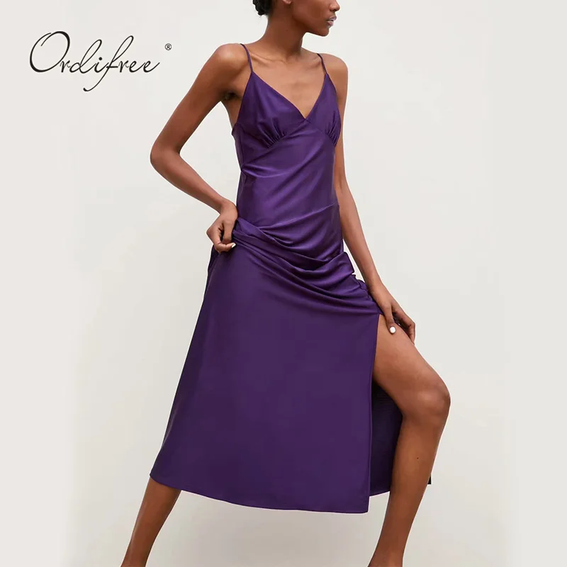 

Ordifree 2019 Summer Women Silk Long Party Dress Vintage Loose Spaghetti Strap Sexy Maxi Satin Slip Dress