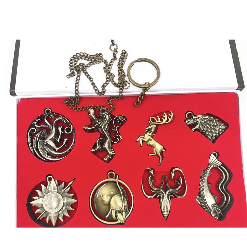 

8pcs/set Game of Thrones Action Figure Badges Keychain Necklace Household Stark Lannister Baratheon Badge Gitds Collection Toys
