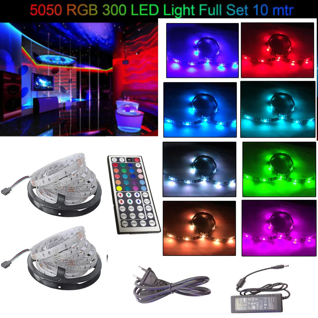 10M 3528 5050 RGB 300 SMD Flexible LED Strip Light 44key Remote 12V Power Supply