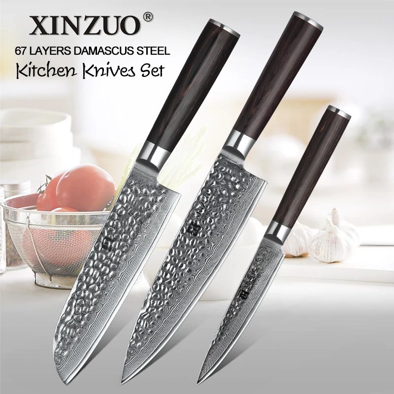 XINZUO 3 pcs kitchen knife set Damascus steel kitchen knife gyuto chef utility knife kitchen tool rosewood handle free shipping