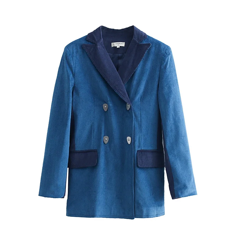 

Women's suit jacket 2019 spring new retro French color matching corduroy blue was thin small suit jacket female
