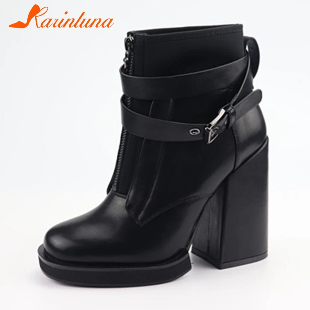 

KARINLUNA Brand New Big Size 35-40 Belt Buckle Zip Square High Heels Shoes Woman Casual Office Party Autumn Winter Ankle Boots