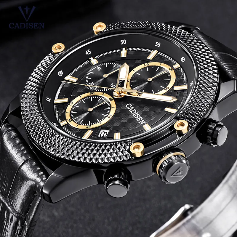 

CADISEN Leather Strap Leisure Sports Quartz Watches Men Chronograph Clock 3ATM Waterproof Army Wristwatch Man Relogios CL9062