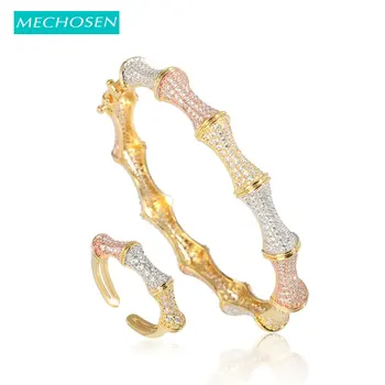 

MECHOSEN Hot Dubai Bangle Ring Jewelry Set Tricolor Copper Gold Color Zircon For Wedding Banquet Bride Nigeria Accessories Gifts