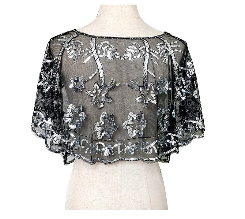 Women Glittering 1920s Shawl Wraps Sequin Beaded Evening Cape Bolero Flapper Cover Up (11)
