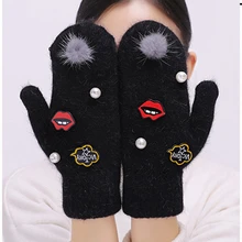 Новинка, модные женские милые Мультяшные перчатки, теплые зимние вязаные перчатки на полный палец, варежки для девушек, женские перчатки Luvas