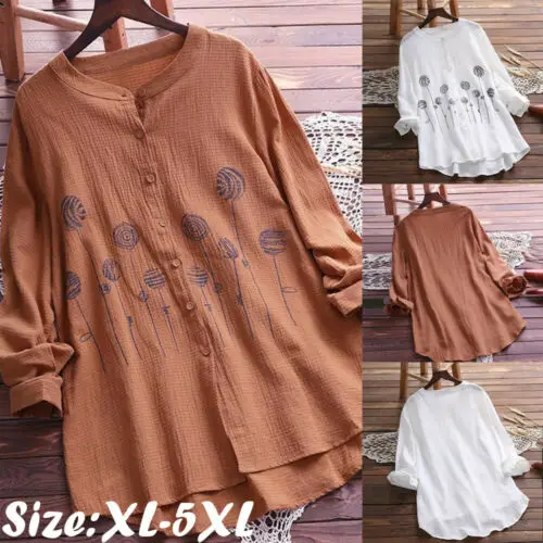 2019 Newest Fashion Hot Charming Women Cotton Tops Long Sleeve Tunic Blouse Flower Print Shirts Plus Size XL-5XL