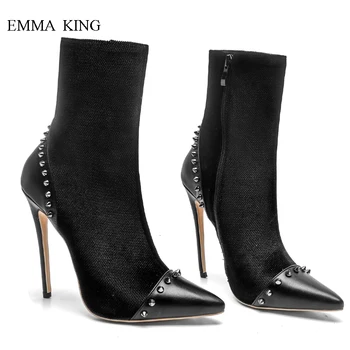 

Autumn Winter New Stilettos Patchwork Shoes Woman Pointed Toe Rivets Studded Ankle Boots Sexy Black Zapatos De Mujer Plus Size43