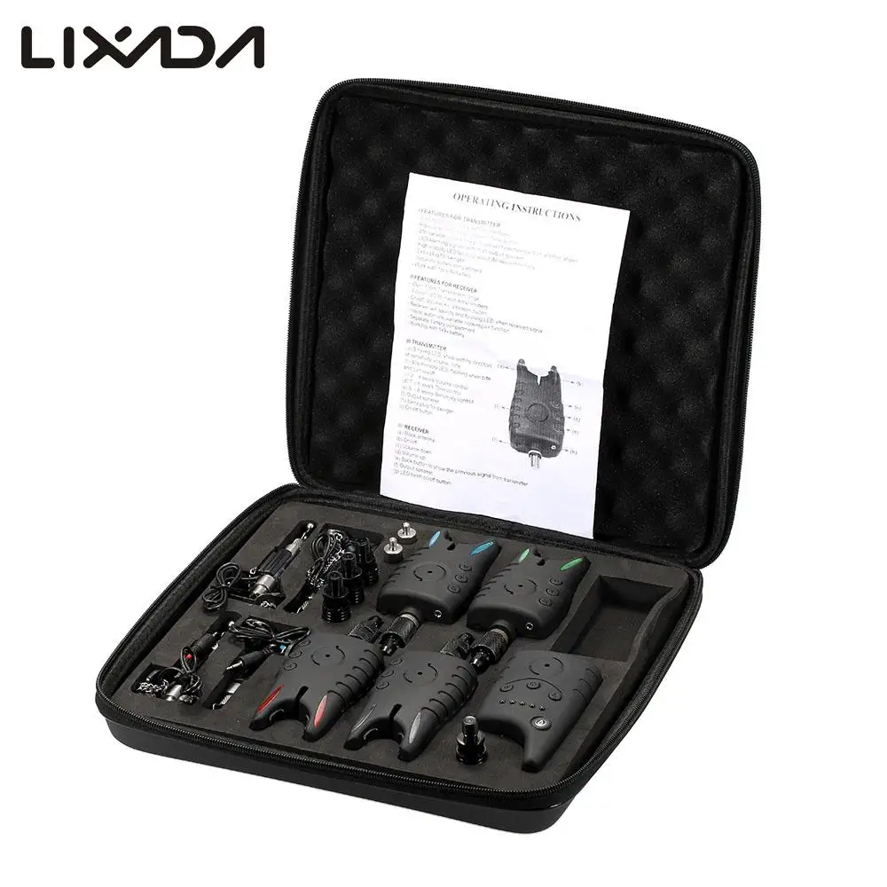 

Lixada Wireless 4+4 Fishing Bite Alarms Set 4 LED Alarm Alert Bell Receiver 4 Swinger Tone Volume Sensitivity JY-57-SWK